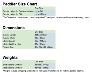 Alpacka Tango Size and Dimension Chart